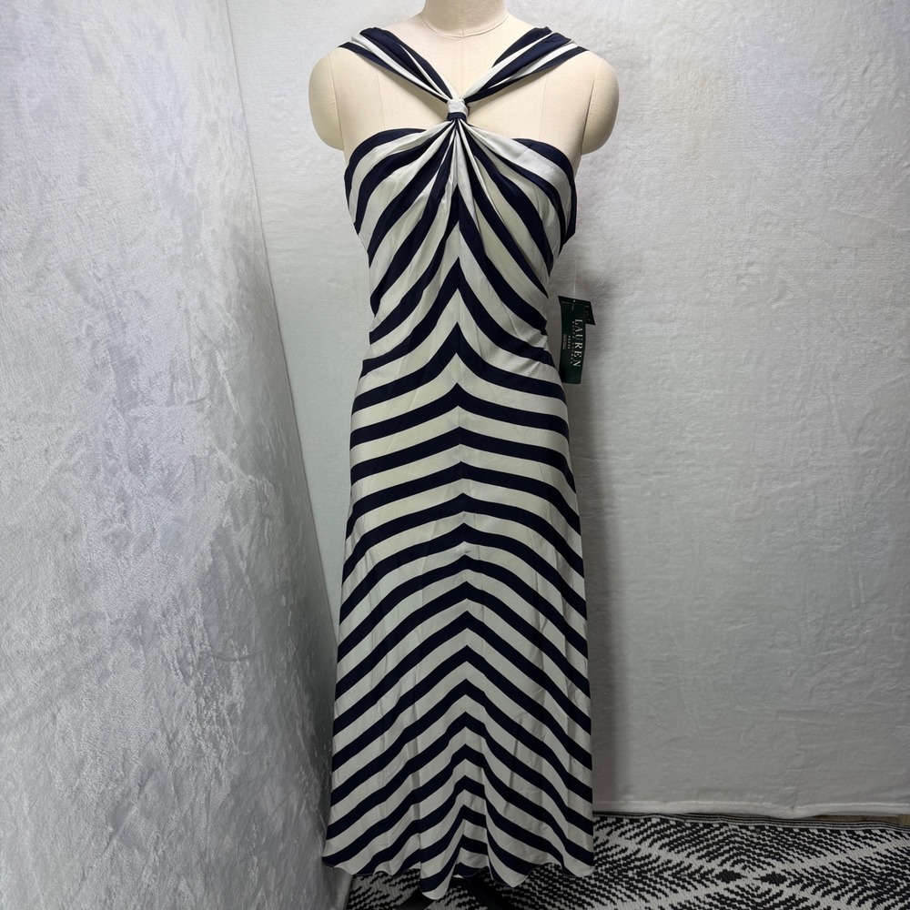 Lauren Ralph Lauren Silk Black White Striped Maxi Dress 12 NWT Halter Knot Gown